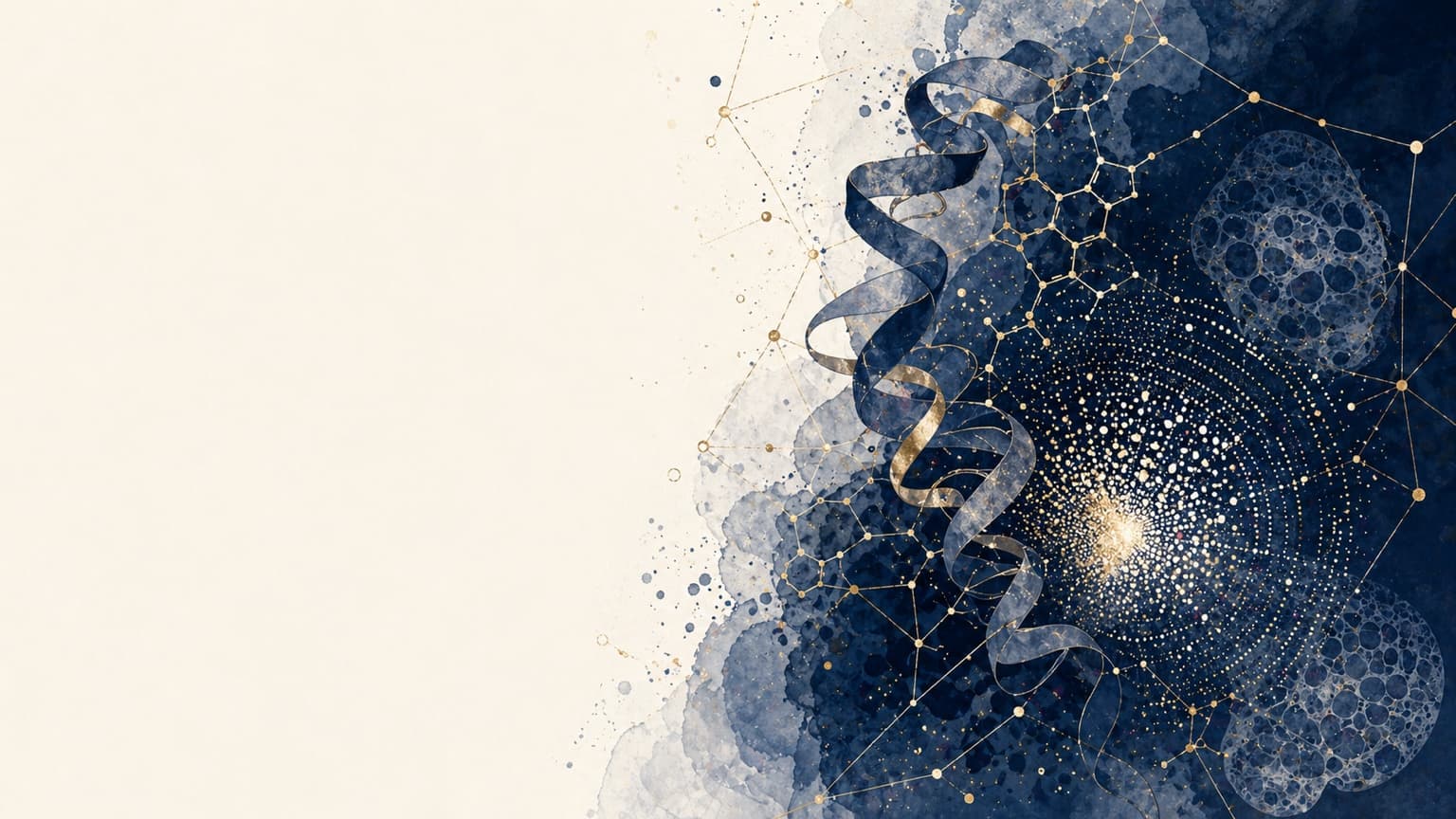 Editorial composition for AACR 2026 prostate cancer briefing — abstract navy and gold imagery suggesting molecular biology and clinical care.