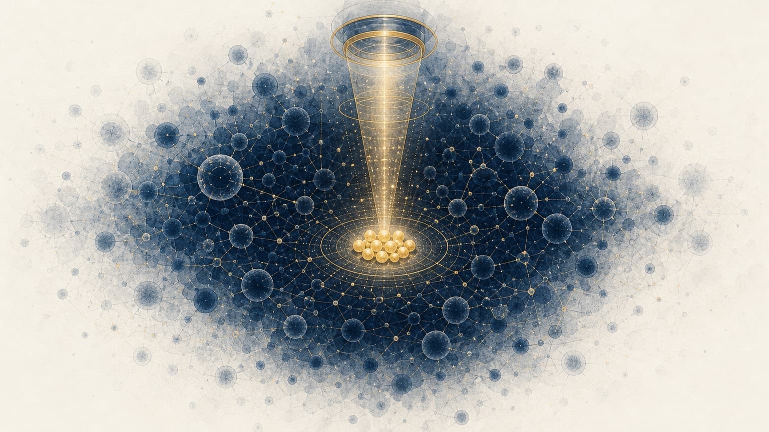 Abstract editorial composition for ASCO 2026 genitourinary cancer — a navy field of scattered cellular nodes with a single gold beam selecting a small cluster at the center, the rest fading into ivory.