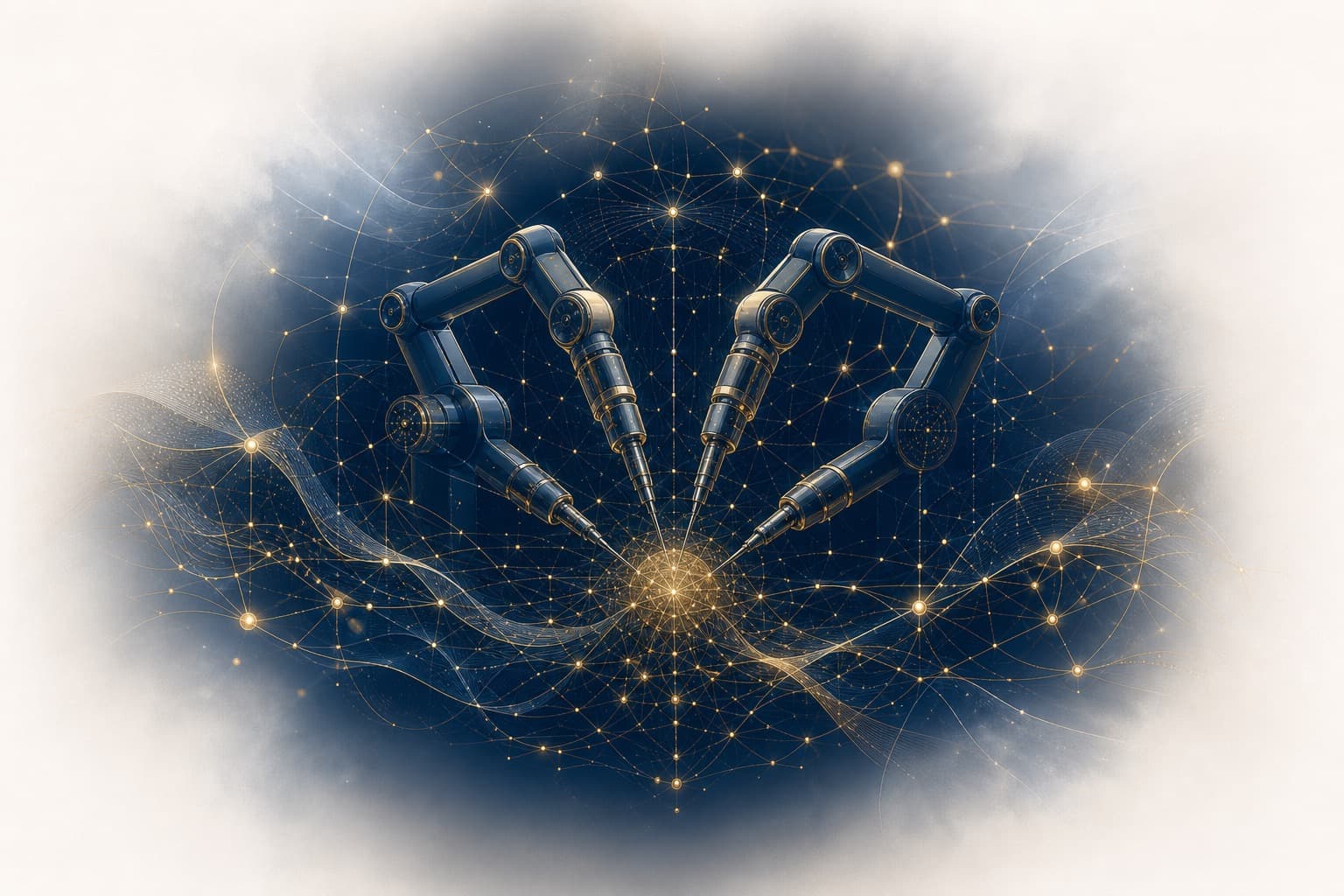 Editorial composition for AUA 2026 AI and robotic surgery briefing — layered teal and silver nodes suggesting converging technology tracks that have not yet connected.