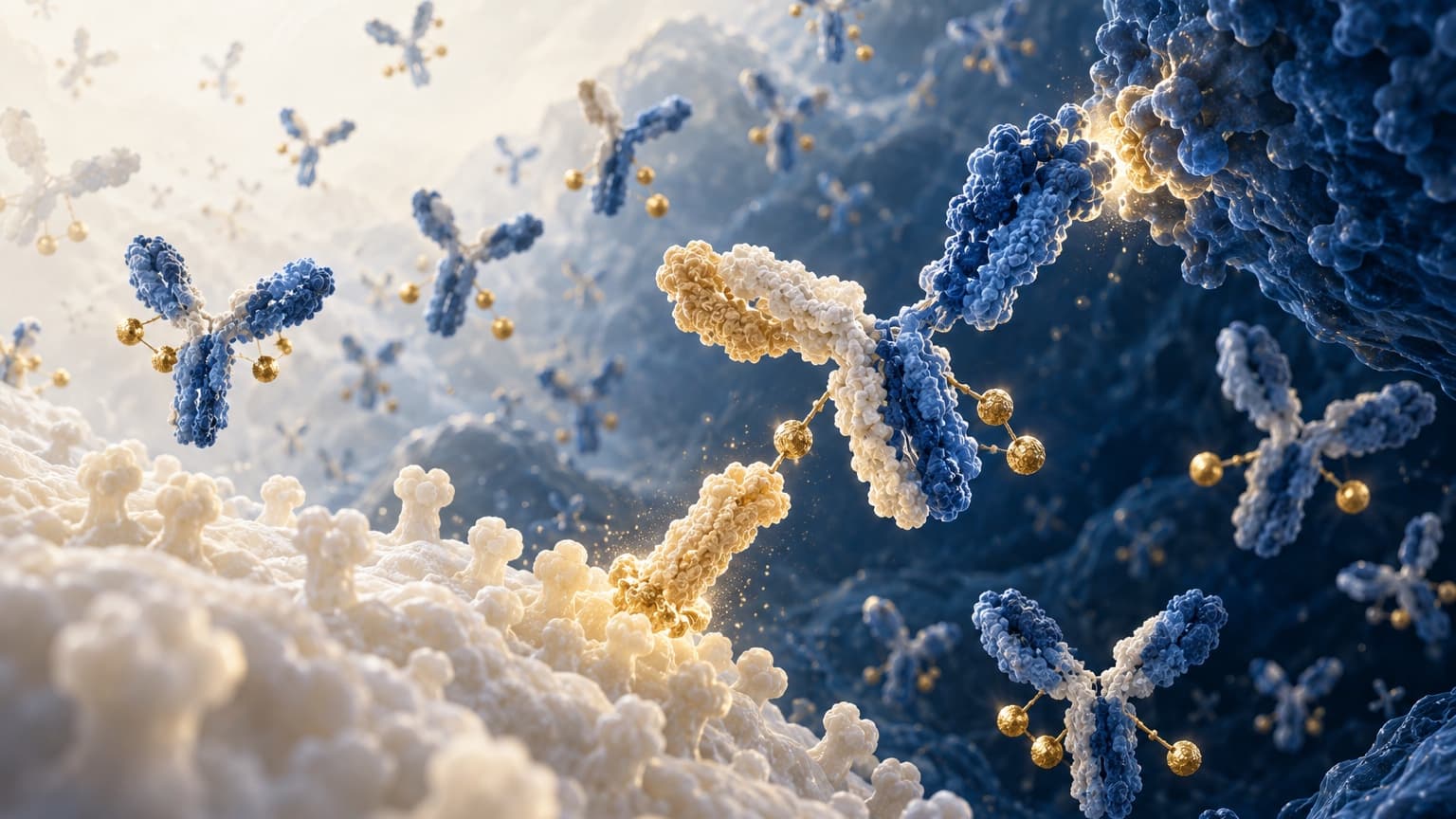 Abstract editorial image for ESMO 2026: many antibodies carrying gold payloads meet a few bridging bispecific antibodies along a diagonal, in navy, gold and ivory.