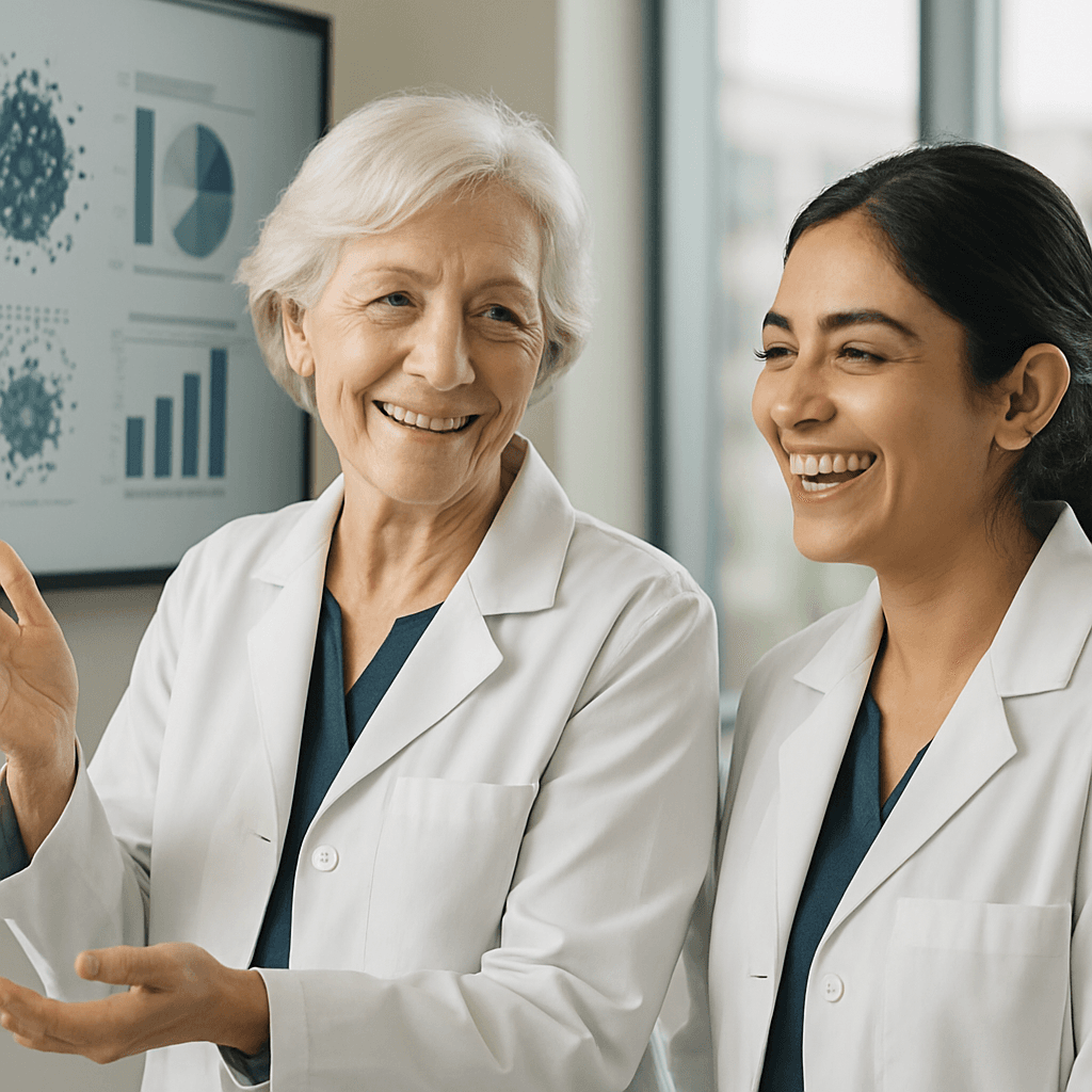 Oncology researchers reviewing patient-outcome data